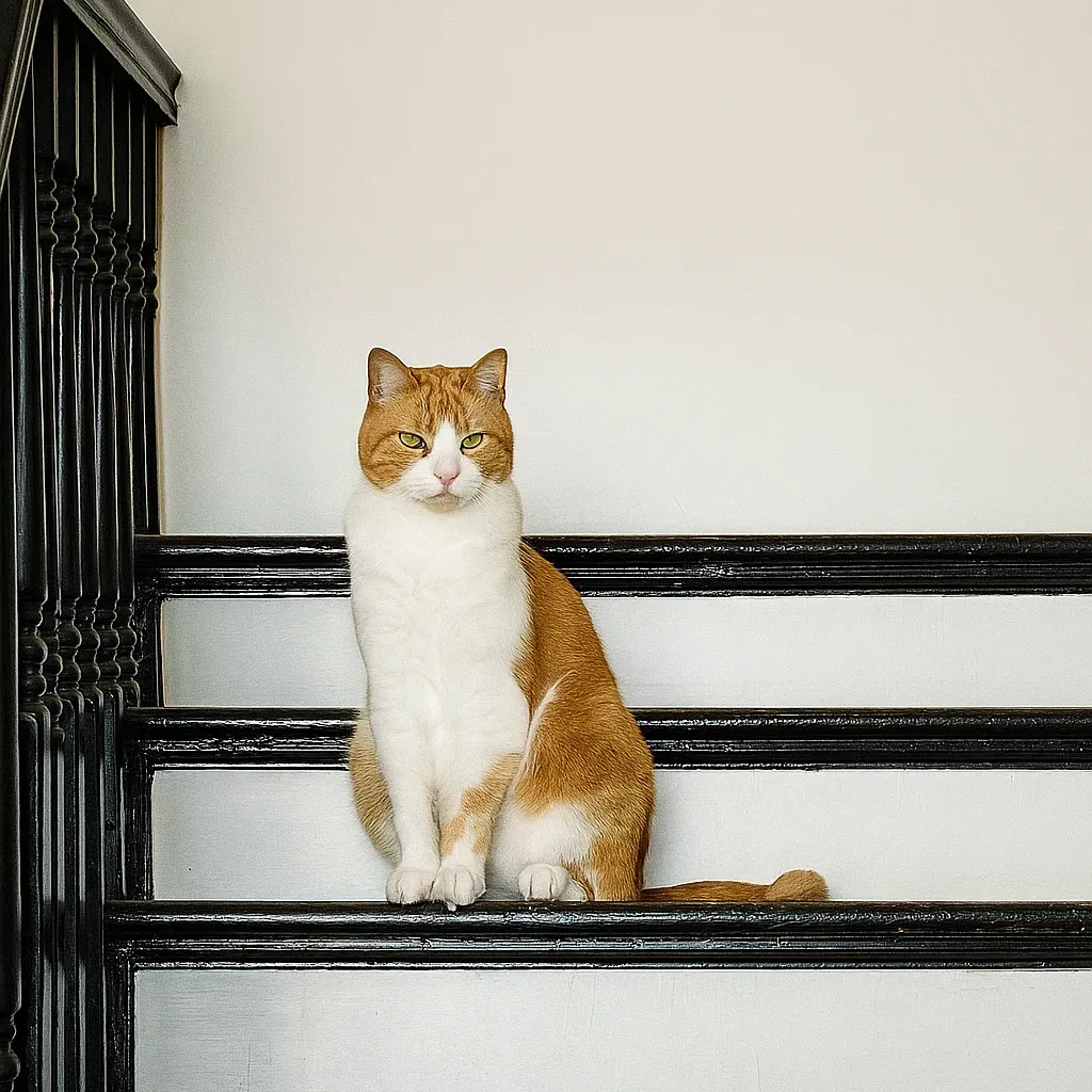 Orange tabby cat poses on stairs