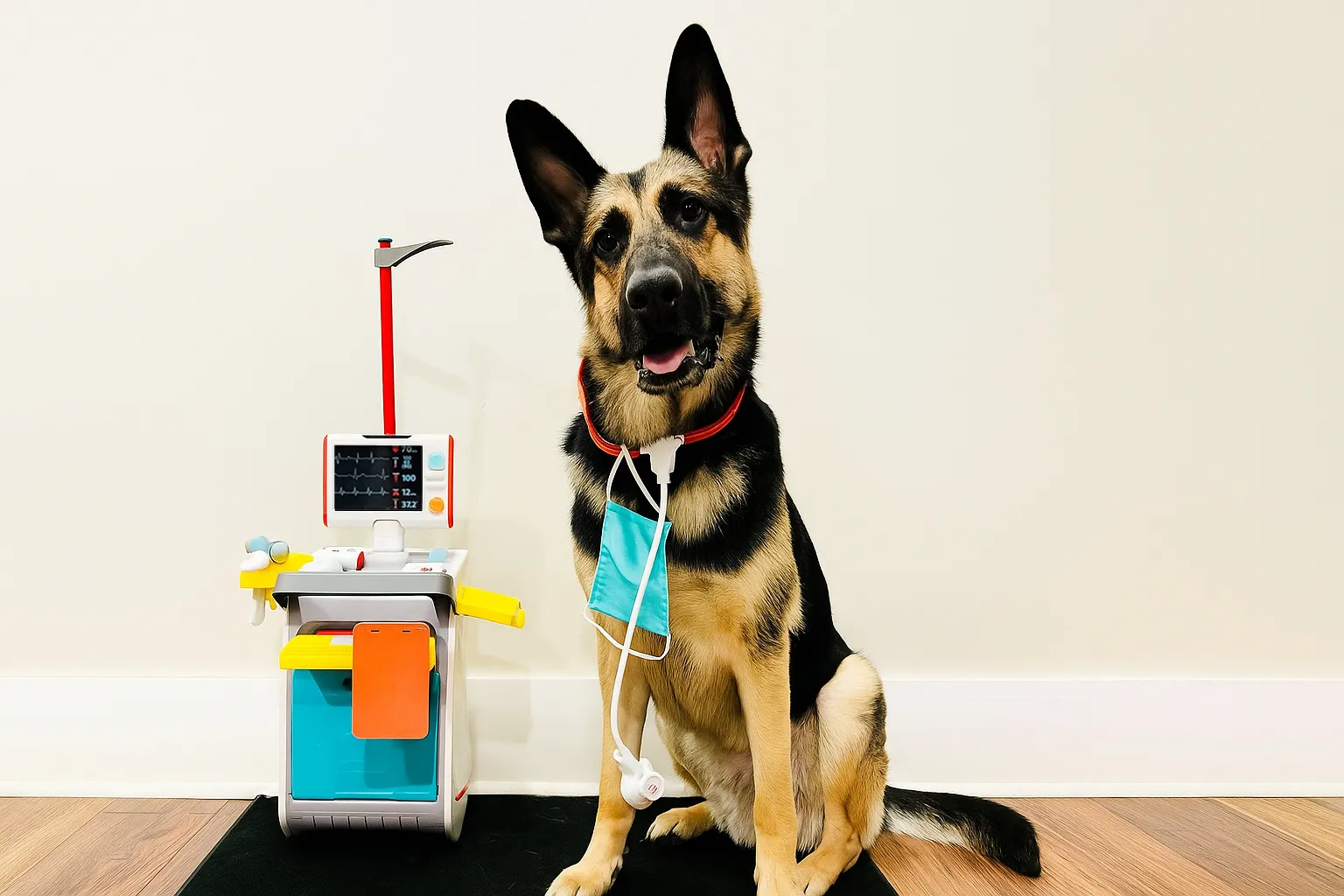 German Shepherd dog poses with stethoscope representing need for pet insurance.
