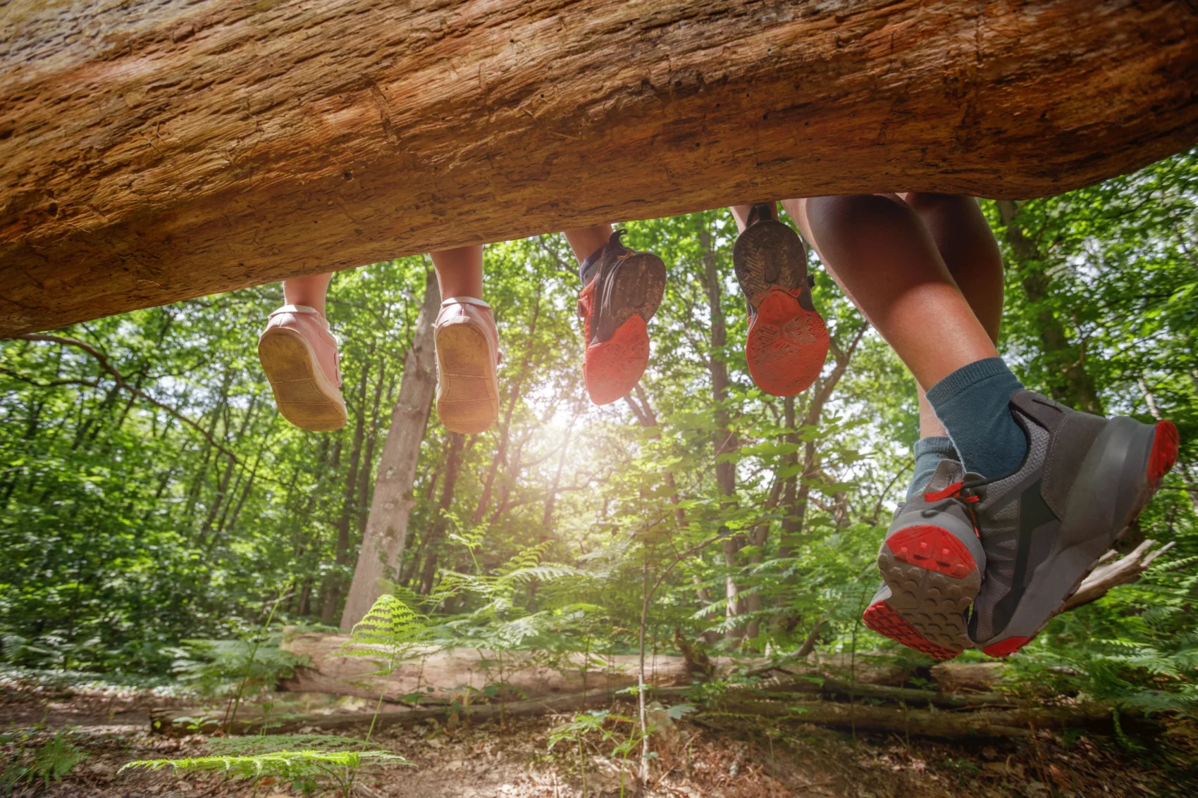 Campers crossing a log obstacle in a wooded camp setting, illustrating common activities and risks addressed by camp insurance.